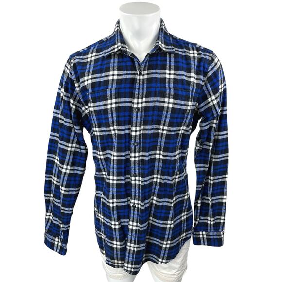 GAP Mens Blue Plaid Check Standard Fit Flannel Long Sleeve Button Up Shirt Top L - Picture 1 of 4